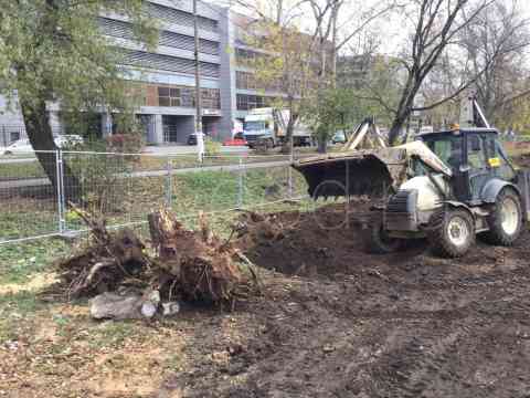 Выкорчевывание корней дерева трактором в Москве